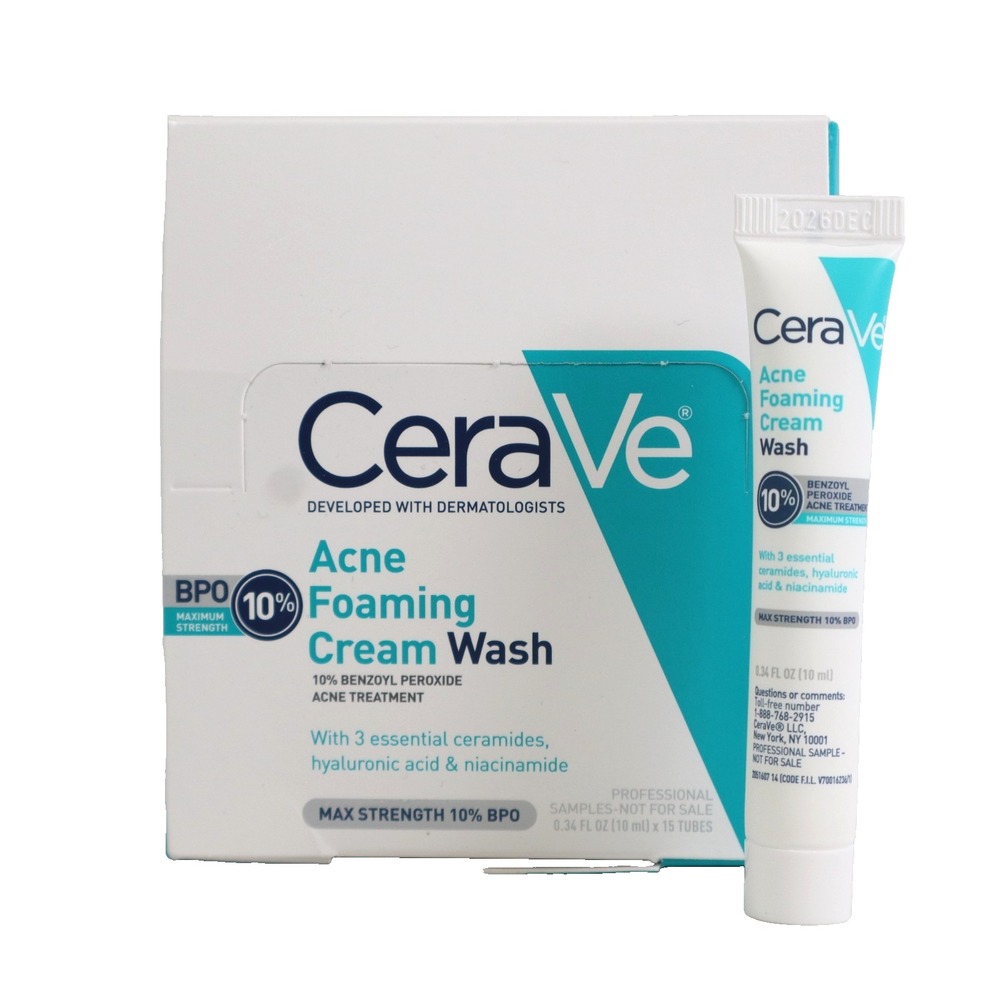 Cerave Acne Foaming Cream Wash 10% Benzoyl Peroxide Box of 15 Tubes 0.34 fl oz